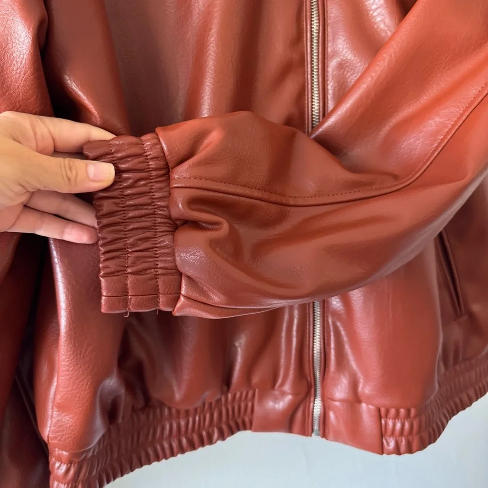 Zara Women's Brown Faux‎ Leather Bomber Jacket Size Small